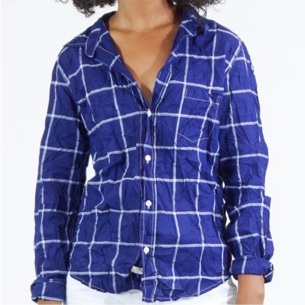 Frank & Eileen Barry Blue Plaid Cotton Button Down Crinkle Shirt Size XS